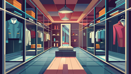 A cartoonish drawing of a walk-in closet with a mirror and a bench. The closet is filled with clothes and accessories, including a few bottles and a bowl. Scene is casual and relaxed