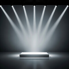 Spotlights shining down on a rectangular stage in a dark room with beams of light