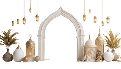 Elegant islamic celebration archway featuring glowing golden lanterns hanging above decorative white and gold elements on transparent background