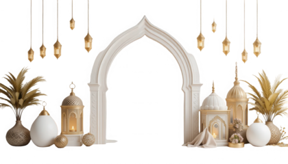 Elegant islamic celebration archway featuring glowing golden lanterns hanging above decorative white and gold elements on transparent background