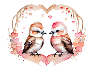 Two cute watercolor birds with hearts, Valentine's day card