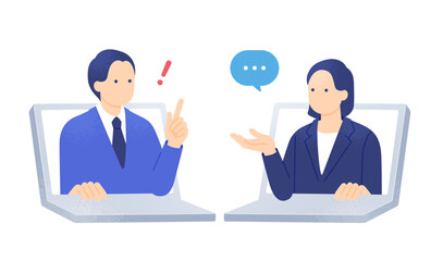 オンライン相談。アドバイスで課題解決。声をかける女性とひらめく男性のイラスト素材。