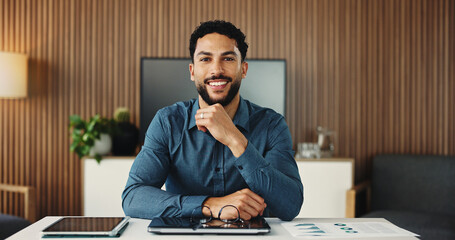 Portrait, business and man with smile in office for career pride, about us and accounting company....
