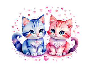 Two cute watercolor kittens with hearts, pastel tone Valentine's day card