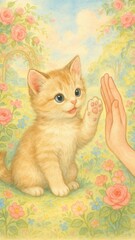 Naklejka premium Cute kitten in floral garden mobile wallpaper