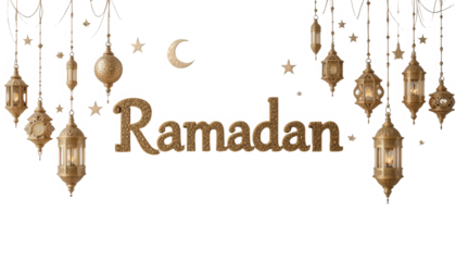 Beautifully illuminated golden arabic lanterns and glittering stars frame the holy word ramadan written in textured font on transparent background