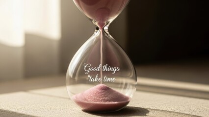 Inspirational hourglass with pink sand and motivational quote