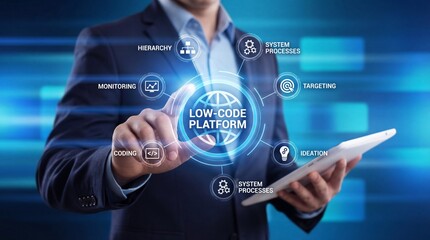 Businessman interacts with a low code platform hologram for software and process