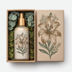 Elegant Lily Flower Cosmetic Bottle in Kraft Box with Green Leaves