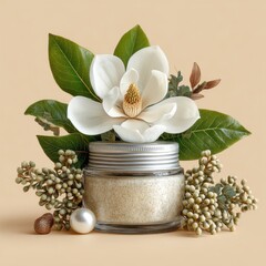 Elegant Magnolia Blossom Adorns Luxury Skincare Cream Jar on Beige Background