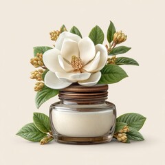 Elegant Magnolia Blossom in Cream Jar with Green Leaves on Beige Background