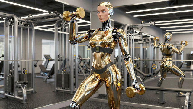 Futuristic golden female robot performs bicep curls with dumbbells in a modern high-tech gym setting illustrating artificial intelligence fitness concepts.