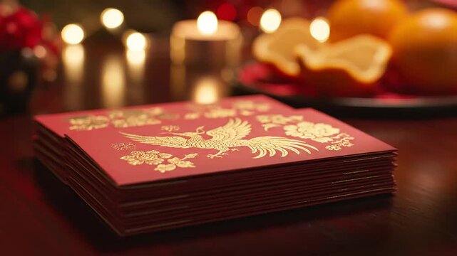 Stack of ceremonial red envelopes with gold decoration, set in a warm, festive environment, perfect for holiday marketing.