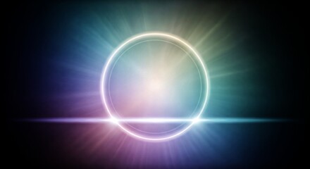 Abstract glowing circle with a radiant light effect and a horizontal beam against a dark background, creating a futuristic and ethereal visual.