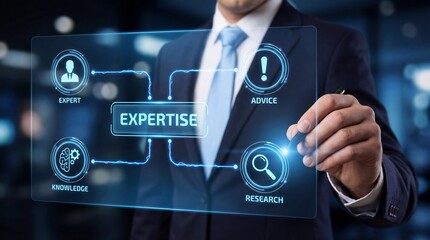 Businessman interacting with holographic expertise screen in a dark tech environ