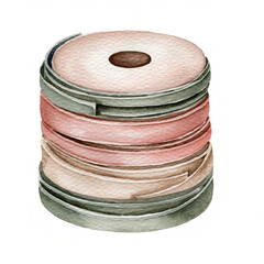 Hand-painted watercolor stack of delicate circular elements, reminiscent of craft spools or decorative objects in soft, muted tones, perfect for elegant design projects