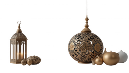 Elegant collection of ornate brass lanterns and decorative spheres featuring intricate Islamic geometric patterns perfect for festive events on transparent background