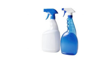 Two empty household trigger spray bottles one opaque white and one translucent blue stand ready for cleaning solutions on transparent background