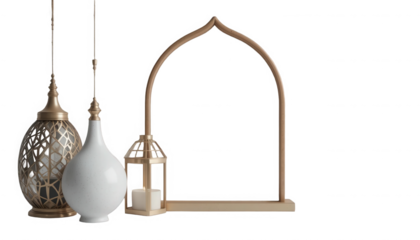 Elegant collection of antique gold and white ceramic hanging lanterns alongside a decorative arch frame featuring a subtle candle holder on transparent background