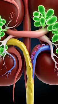 3D Medical Illustration of Human Kidneys with Renal Arteries, Veins, and Ureters on Dark Background