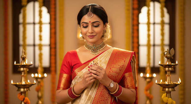 Elegant Indian Woman in Saree, Festive Ambiance, Traditional Lamps