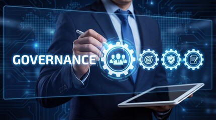 Professional person in a suit interacts with a blue glowing governance concept s