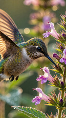 Obraz premium Close-up view of a green hummingbird hovering near bright purple flowers, capturing the intricate details of its feathers and the sparkle in its eye while feeding.