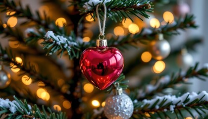 Festive Holiday Tree with Red Heart Ornament and Cozy Glow