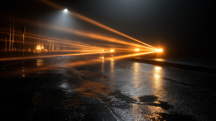 Fototapeta premium searchlight. Moody nighttime street scene with wet pavement reflecting neon glow, evoking cinematic mystery. STEM education sheets.