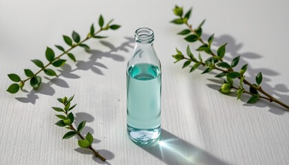 Modern Glass Water Bottle with Green Leaves Textured Surface