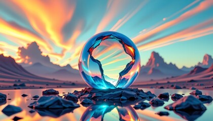 Shattered Crystal Sphere Reflecting Sunset
