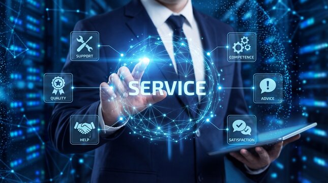 Professional pointing at digital service interface with interactive options in a - Powered by Adobe