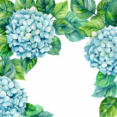 Beautifully painted blue hydrangea flowers and green leaves in a charming watercolor style, perfect for floral designs and nature-themed art