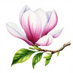 Elegant watercolor illustration of a beautiful magnolia blossom with soft pink and white petals on a natural green leafy branch, capturing the essence of spring's delicate beauty