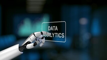 A futuristic robotic hand interacts with a vibrant data analytics interface, showcasing key metrics and business insights in a modern tech environment. Synapse - Powered by Adobe