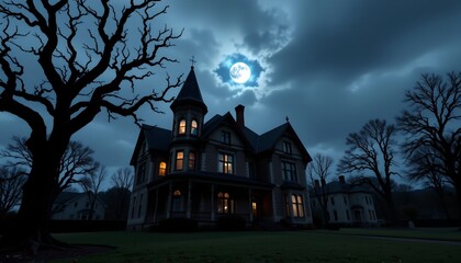 Haunting Victorian Mansion Under Moonlit Night