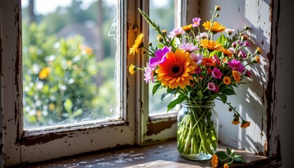 Wildflower Arrangement Sunlit Rustic Windowsill Scene
