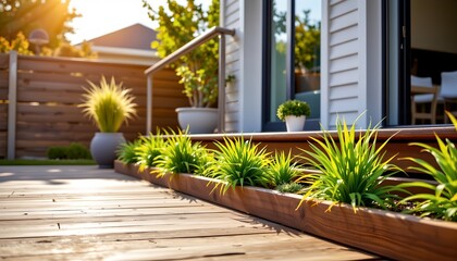 Bright Modern Patio with Greenery and Soft Sunlight
