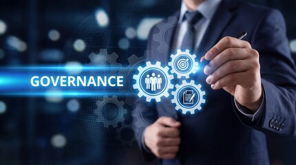 Professional man in suit interacts with glowing digital governance system icons