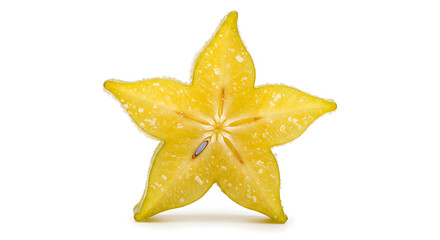Fototapeta premium Dew-Kissed Star Fruit Slice, Vibrant Yellow, Isolated White Background