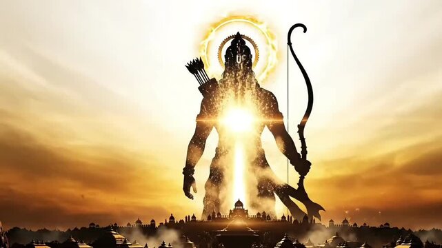 Ram Navami spiritual animation showing Lord Rama silhouette with glowing bow over Ayodhya inspired by Ramayana devotion Hindu culture animated footage
