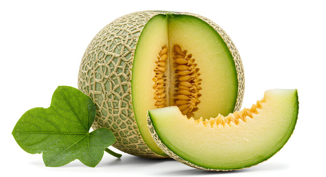 Cantaloupe Still Life: Sliced Melon with Seeds and Leaf on White Background