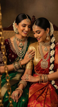 South Indian Women Adorned in Exquisite Traditional Gold Jewelry