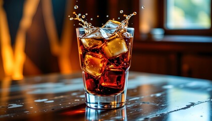 Vibrant Whiskey Glass with Ice Splashes Reflective Surface