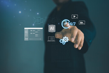 Businessman touching virtual screen with AI chatbot and 24/7 service icons. Future artificial intelligence technology and digital automation concept for modern smart business solutions.