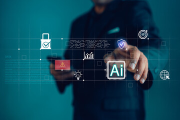 Businessman touching virtual interface with AI chip and cybersecurity shield icons. Concept of artificial intelligence data protection, digital risk management and future network safety.
