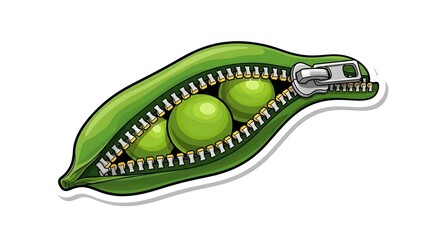 A closed zipper reveals three vibrant green peas nestled inside a fresh, open pea pod, symbolizing secrets and fresh produce