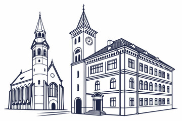 Historic church and clock tower isolated on white background, Vector