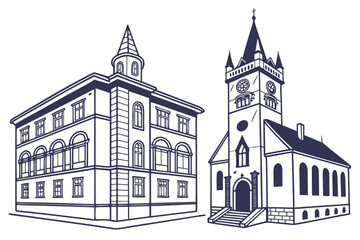 Historic buildings with tower and spire isolated on white background, Vector