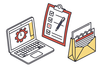 Organizing tasks with technology and paperwork isolated on white background, Vector